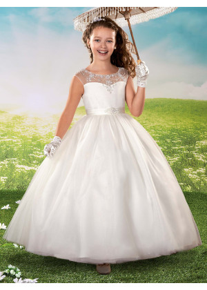 Beaded Sheer Neck Ivory Tulle Flower Girl Dress